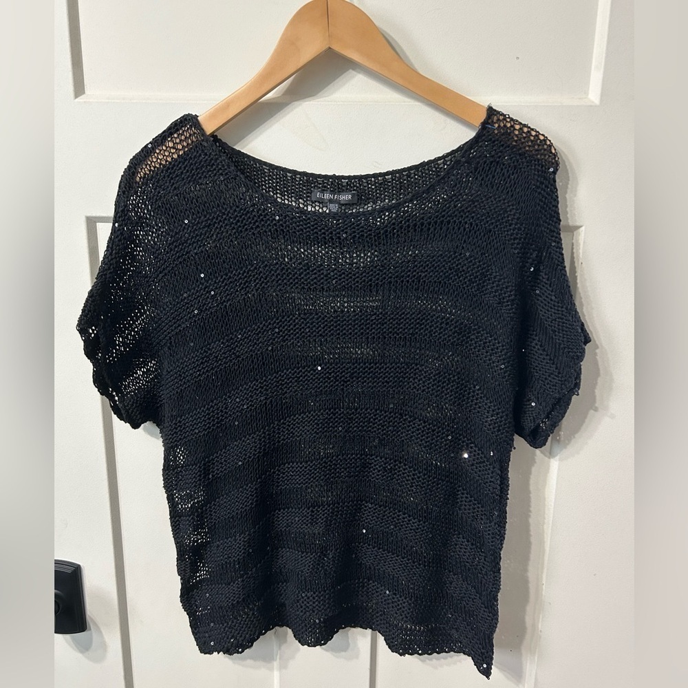 Eileen Fisher black Cotton Sequin Chainmail Knit Top